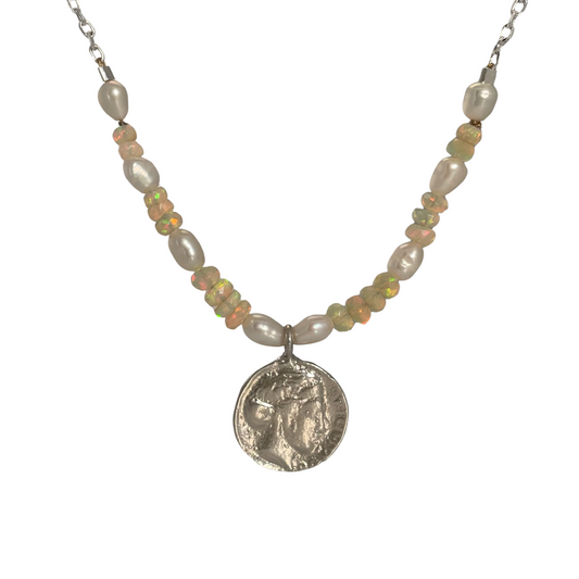 Opal Bead Coin Necklace